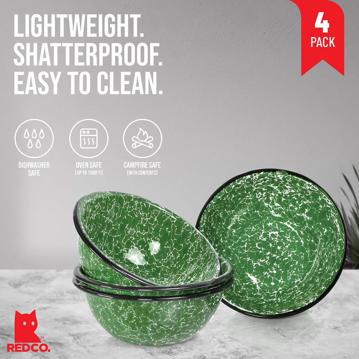 Red Co. Set of 4 Enamelware Metal Classic 20 oz Round Cereal Bowl, Dark Green Marble/Black Rim - Splatter Design