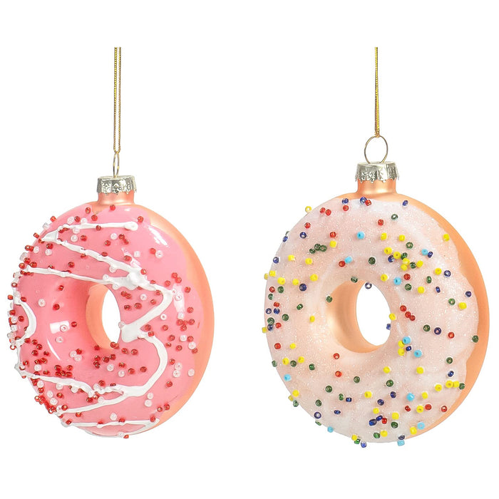 Red Co. Set of 4 Assorted Donuts 3.5” Small Decorative Glass Hanging Christmas Tree Ornaments
