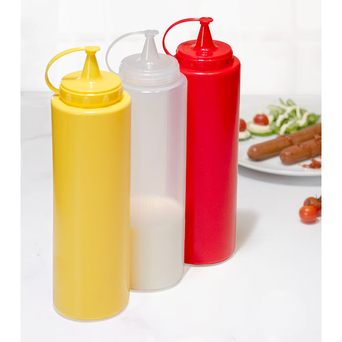 Red Co. Set of 3 Reusable 33.8 Oz Condiment Sauce Squeeze Bottles – Red, Yellow, Clear