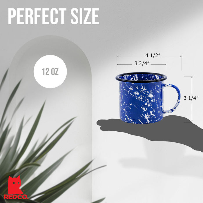 Red Co. Set of 6 Enamelware Metal Medium Classic 12 Oz Round Coffee/Tea Mug with Handle, Navy Blue Marble/Black Rim – Splatter Design