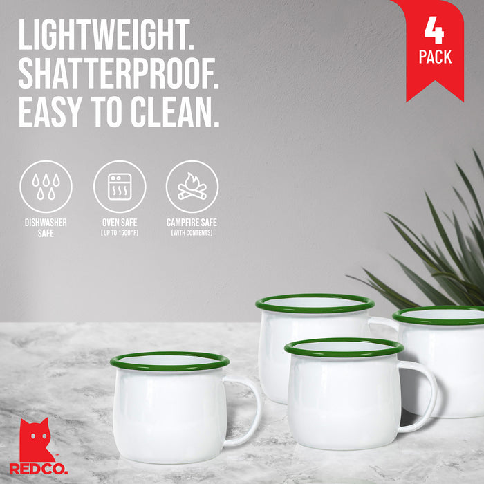 Red Co. Set of 4 Enamelware Metal 13.5 Oz Round Camping Mugs with Handle, Solid White/Dark Green Rim