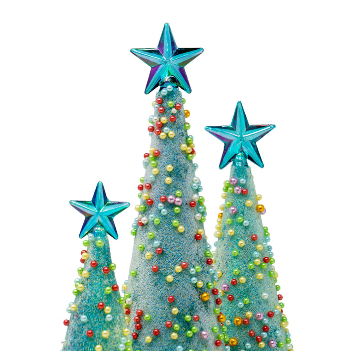 Red Co. 11”, 9.5”, and 8” Glass Christmas Tree Figurine Ornaments with LED Lights, Light-Up Holiday Season Décor – Iridescent Pearls – Set of 3 Sizes