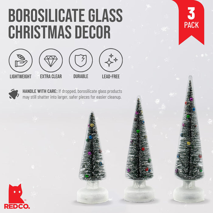 Red Co. Set of 3 (14”, 12”, 10”) Clear Glass Light-Up Decorative Tabletop Christmas Tree Holiday Figurine with LED Lights, Tinsel & Ornaments