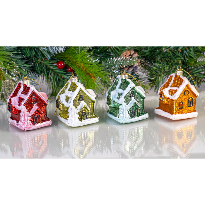 Red Co. Set of 4 Mini Decorative 3” Christmas Tree Glass Ornaments, Assorted Snowed Houses