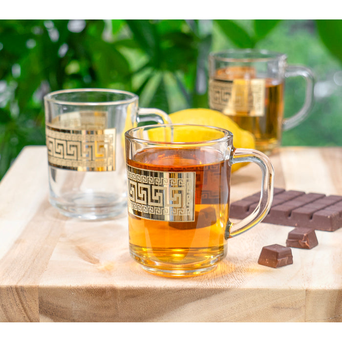 Red Co. Set of 6 Decorated Clear Glass 8 Fl Oz Tea and Coffee Mugs with Golden Greek Key Trim