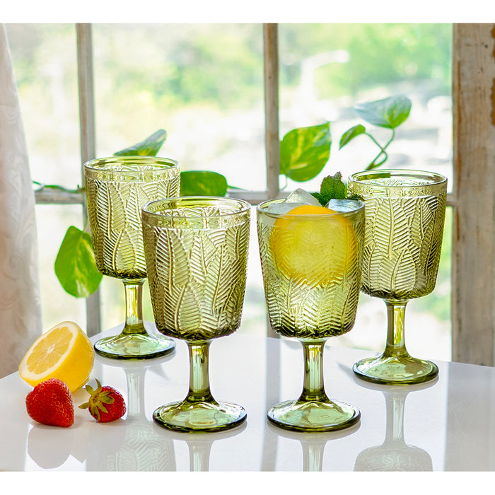 Red Co. Set of 4 Vintage Botanist 10 Fl Oz Leaves Embossed Glass Water Goblets in Solid Green