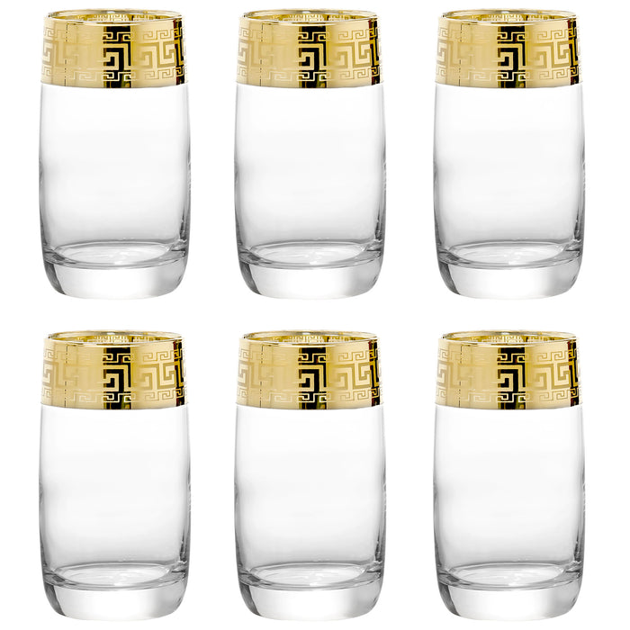 Red Co. Set of 6 Clear Glass 11 Fl Oz Beverage Highball Tumblers with Golden Greek Key Trim