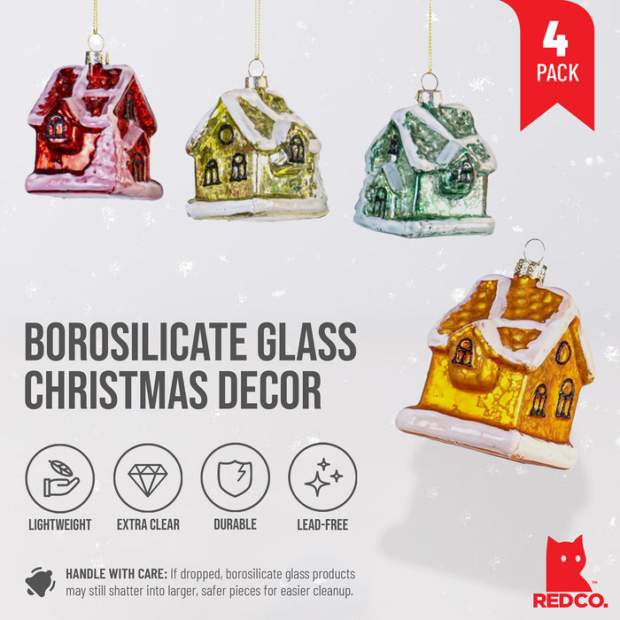 Red Co. Set of 4 Mini Decorative 3” Christmas Tree Glass Ornaments, Assorted Snowed Houses