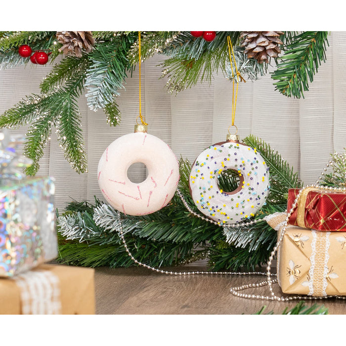 Red Co. Set of 4 Assorted Donuts 3.5” Small Decorative Glass Hanging Christmas Tree Ornaments