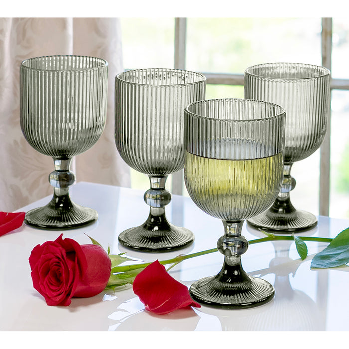 Red Co. Set of 4 Vintage 12 Fl Oz Ribbed Glass Stemmed Water Goblets in Solid Grey