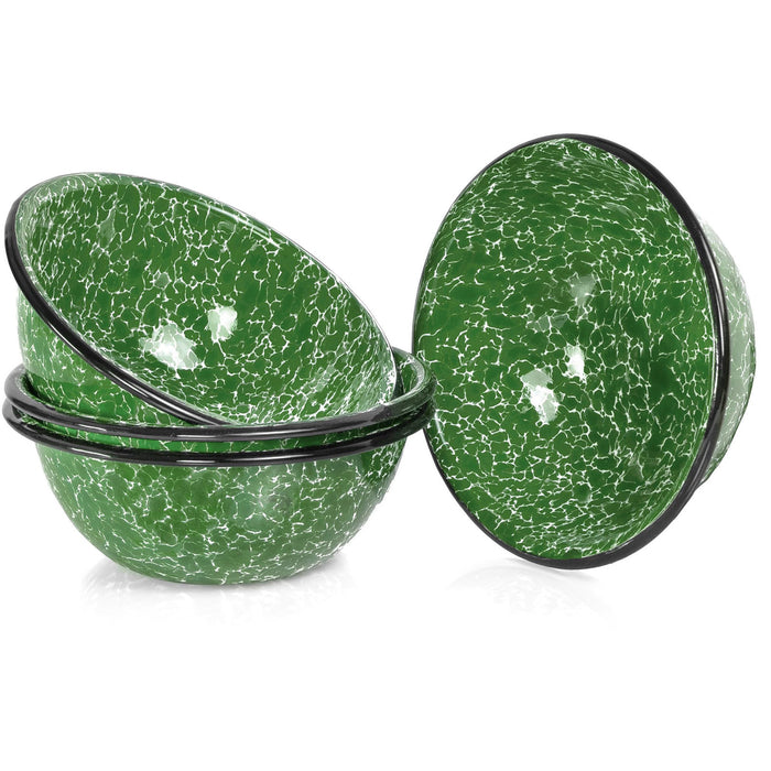 Red Co. Set of 4 Enamelware Metal Classic 20 oz Round Cereal Bowl, Dark Green Marble/Black Rim - Splatter Design