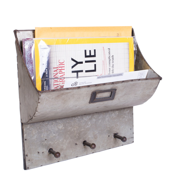 Red Co. 11.5” x 12” Decorative Galvanized Metal Wall Pocket 3-Hook Mail & Letter Box, Brushed Grey/Rusted Rim