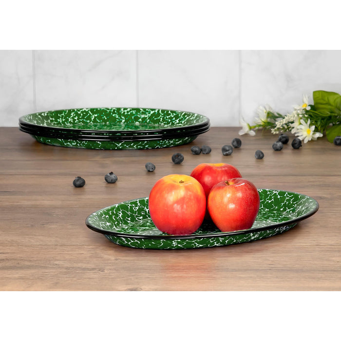 Red Co. Set of 4 Enamelware Metal Classic 13" Serving Oval Tray Platter, Dark Green Marble/Black Rim - Splatter Design