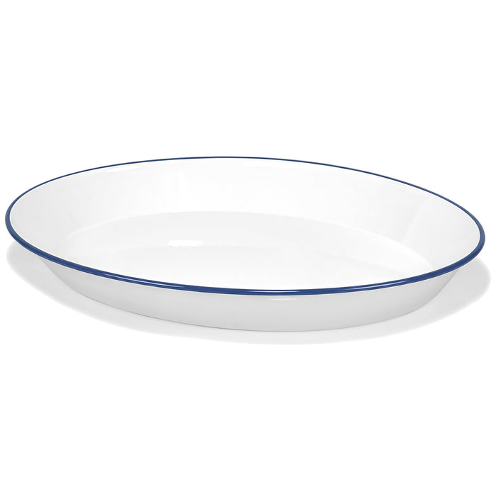 Red Co. Oven Safe Enamelware Metal Classic 16.5” Serving Oval Tray Platter, Solid White/Navy Blue Rim