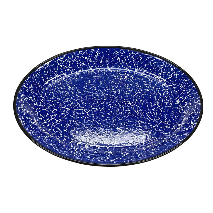 Red Co. Enamelware Metal Classic 13" Serving Oval Tray Platter, Navy Blue Marble/Black Rim - Splatter Design
