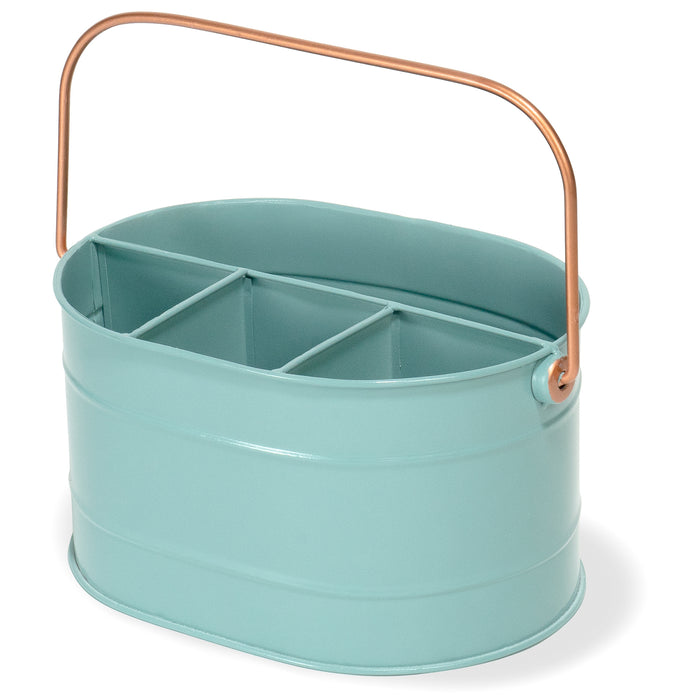 Red Co. 10" x 7" Enameled Metal Utensil Caddy & Countertop Flatware Organizer with Handle, Teal Blue/Rose Gold