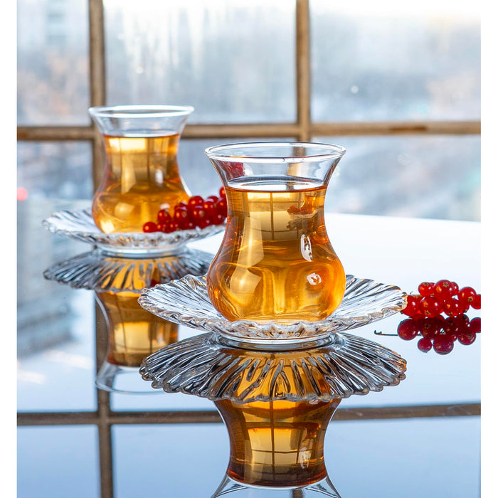 Red Co. Set of 6 Clear Glass 5.25 Fl Oz Tulip Shaped Turkish Tea Cups with Saucers