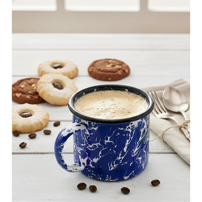 Red Co. Set of 6 Enamelware Metal Medium Classic 12 Oz Round Coffee/Tea Mug with Handle, Navy Blue Marble/Black Rim – Splatter Design