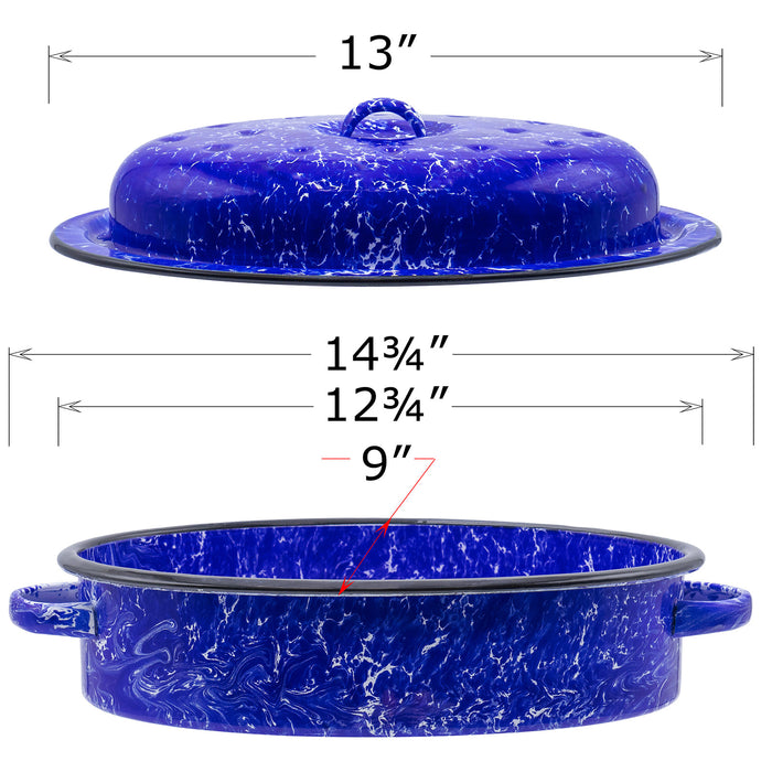 Red Co. Enamelware Metal Classic 3.6 Quart 12" Roasting Pan with Dome Lid, Navy Blue Marble/Black Rim - Splatter Design