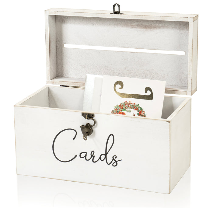 Red Co. 13” x 7” Decorative Distressed Wood Thank You Wedding Card Box with Key & Lock, White