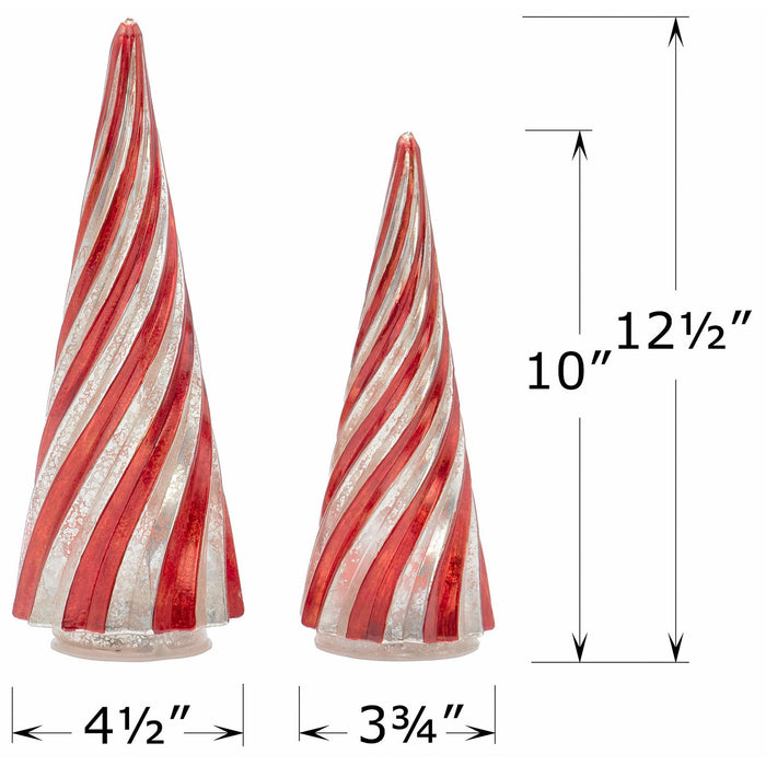 Red Co. Set of 2 (12.5” and 10”) Glass Light-Up Decorative Tabletop Christmas Tree Holiday Figurine with LED Lights, Festive Red & Silver Swirls
