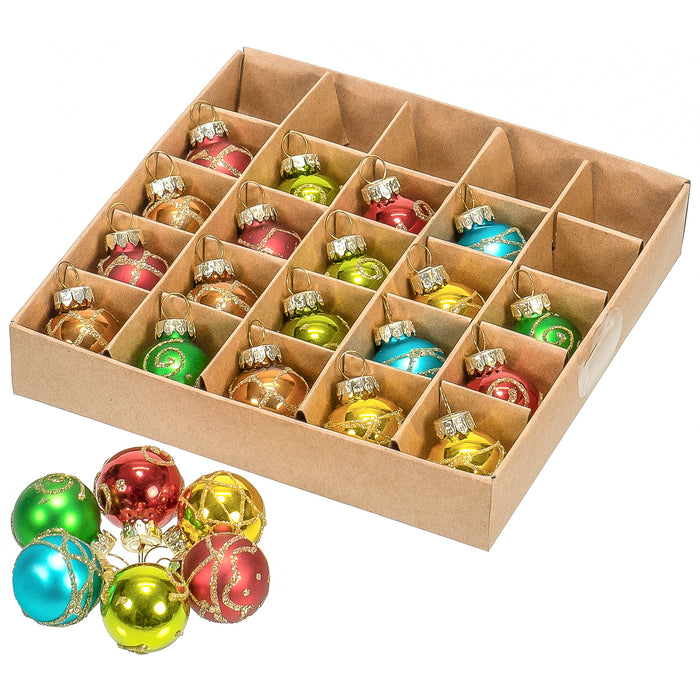 Red Co. Set of 25 Assorted Glittered Glass 1” Round Christmas Tree Mini Ball Ornaments, Rainbow