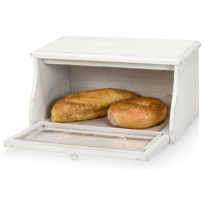 Red Co. 14”x 7” Distressed Wood Bread Storage Box with Acrylic Front & Knob Handle, White