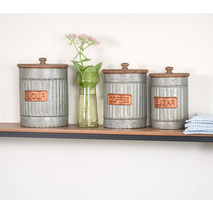 Red Co. Set of 3 Sizes Flour, Coffee, Sugar Corrugated Storage Canister Jars with Lids, Distressed Metal & Wood