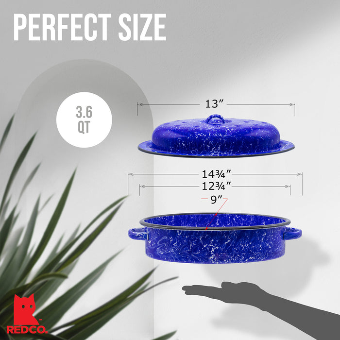 Red Co. Enamelware Metal Classic 3.6 Quart 12" Roasting Pan with Dome Lid, Navy Blue Marble/Black Rim - Splatter Design