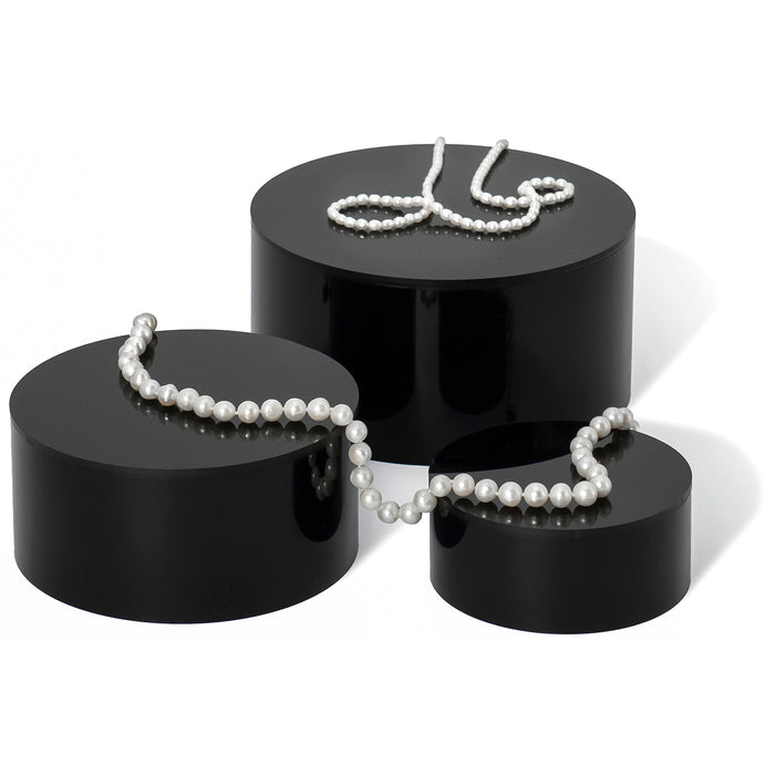 Red Co. Set of 3 Sizes (6", 5", 4") Acrylic Round Cylinder Display Nesting Riser Stands with Hollow Bottoms, Glossy Black