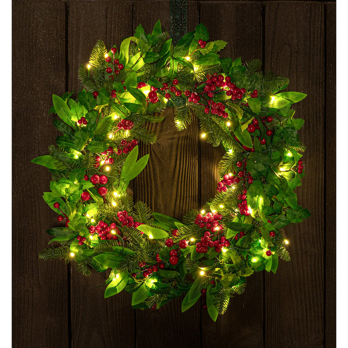 Red Co. 26” Decorative Artificial Light-Up Christmas Holly Wreath with Red Berries, Battery-Operated LED Lights with Timer