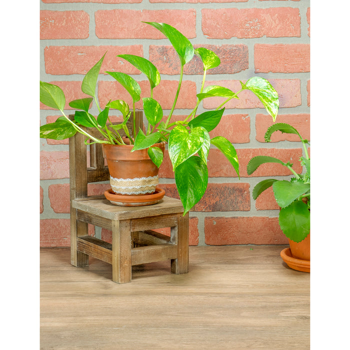 Red Co. 11” Tall Decorative Mini Stool Wooden Tabletop Plant Stand & Floor Flowerpot Holder, Distressed Brown