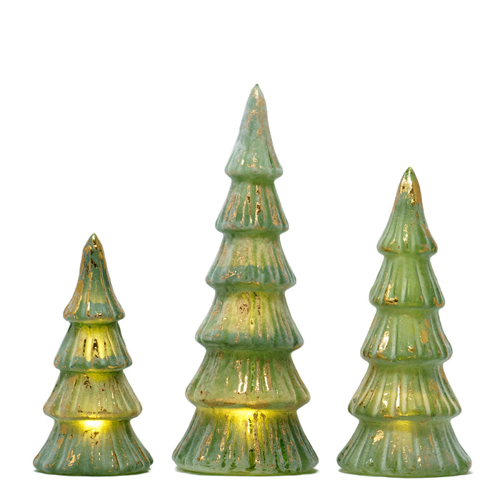 Red Co. 10”, 8.5”, and 7” Glass Christmas Tree Figurine Ornaments with LED Lights, Light-Up Holiday Season Décor – Brushed Green in Distressed Gold – Set of 3 Sizes