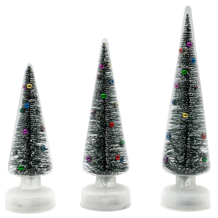 Red Co. Set of 3 (14”, 12”, 10”) Clear Glass Light-Up Decorative Tabletop Christmas Tree Holiday Figurine with LED Lights, Tinsel & Ornaments