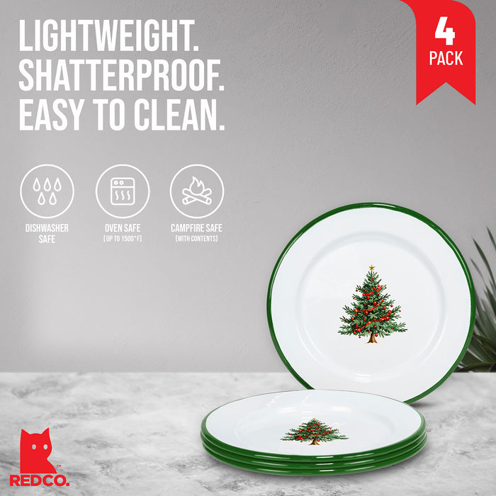 Red Co. Set of 4 Enamelware Metal 8" Round Salad Plate, Solid White/Dark Green Rim – Christmas Tree