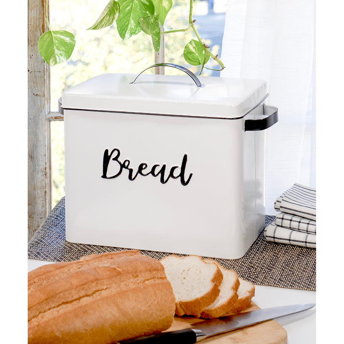 Red Co. 11” x 9.5” Distressed White Metal Bread Storage Box with Black Lettering, Lid and Handles