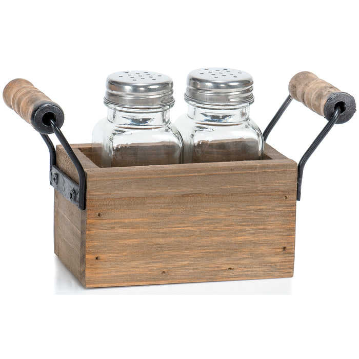 Red Co. Glass Salt & Pepper Shakers in 4” Wooden Carrying Caddy with Handles, Distressed Brown