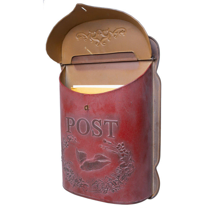 Red Co. 10.5” x 15.5” Shabby Chic Wall-Mounted Post Embossed Aged Metal Mailbox, Rusted Red