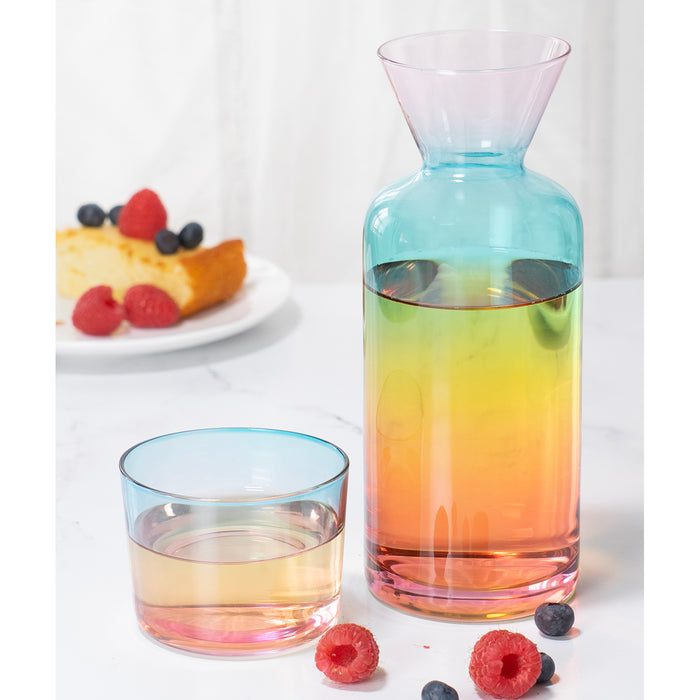 Red Co. Rainbow Sprayed Glass 21 Fl Oz Bedside Water Carafe with Tumbler – 2-Piece Beverage Set