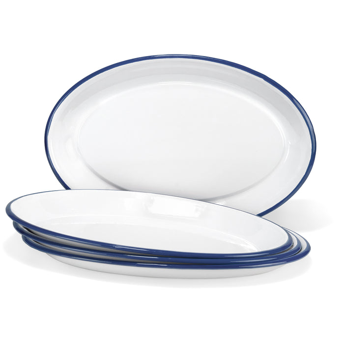 Red Co. Set of 4 Enamelware Metal Classic 13" Serving Oval Tray Platter, Solid White/Navy Blue Rim