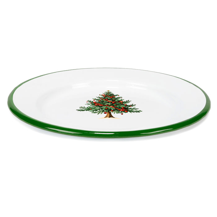 Red Co. Set of 4 Enamelware Metal 8" Round Salad Plate, Solid White/Dark Green Rim – Christmas Tree