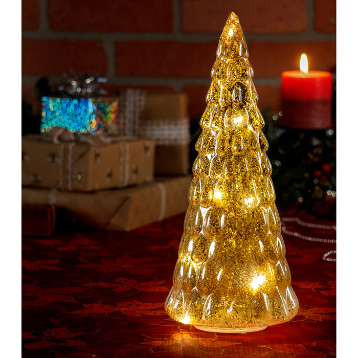 Red Co. 12.5” Light-Up Decorative Tabletop Christmas Tree Holiday Figurine with LED Lights, Gold