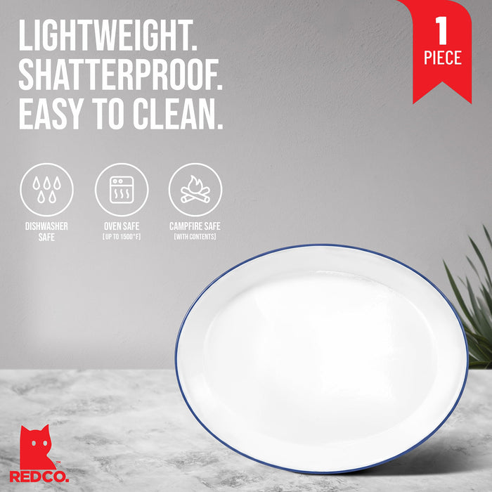 Red Co. Oven Safe Enamelware Metal Classic 16.5” Serving Oval Tray Platter, Solid White/Navy Blue Rim