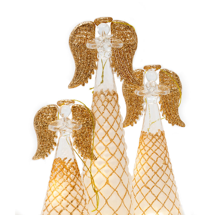 Red Co. 9.5”, 8”, and 6” Glass Christmas Holy Angel Figurine Ornaments with Star, Heart, Praying Hands, Light-Up Holiday Season Décor – Brushed White with Golden Glitter – Set of 3 Sizes