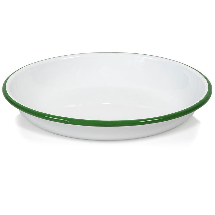 Red Co. Set of 4 Enamelware Metal 10” Round Camping Plates, Solid White/Dark Green Rim