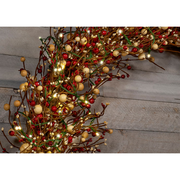 Red Co. 36” Light-Up Christmas Wreath with Red and Cream Pip Berries, Battery-Operated LED Lights with Timer