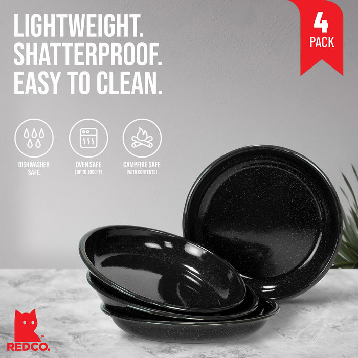 Red Co. Set of 4 Enamelware Metal 10” Round Camping Plates, White-Speckled Black/Black Rim