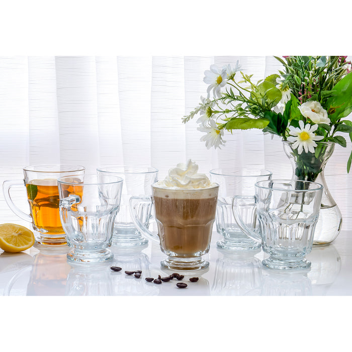 Red Co. Set of 6 Clear Glass 6.75 Oz Footed Tea and Coffee Mugs with Handles