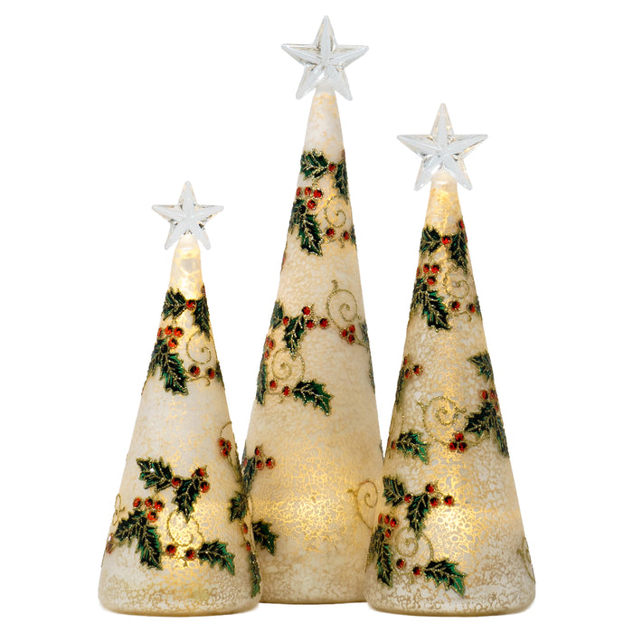 Red Co. Glass Christmas Tree Figurine Ornaments with LED Lights, Light-Up Holiday Season Décor  Holly Berry in Silver  Set of 3 Sizes, 11 Inch, 9.5 Inch and 8 Inch