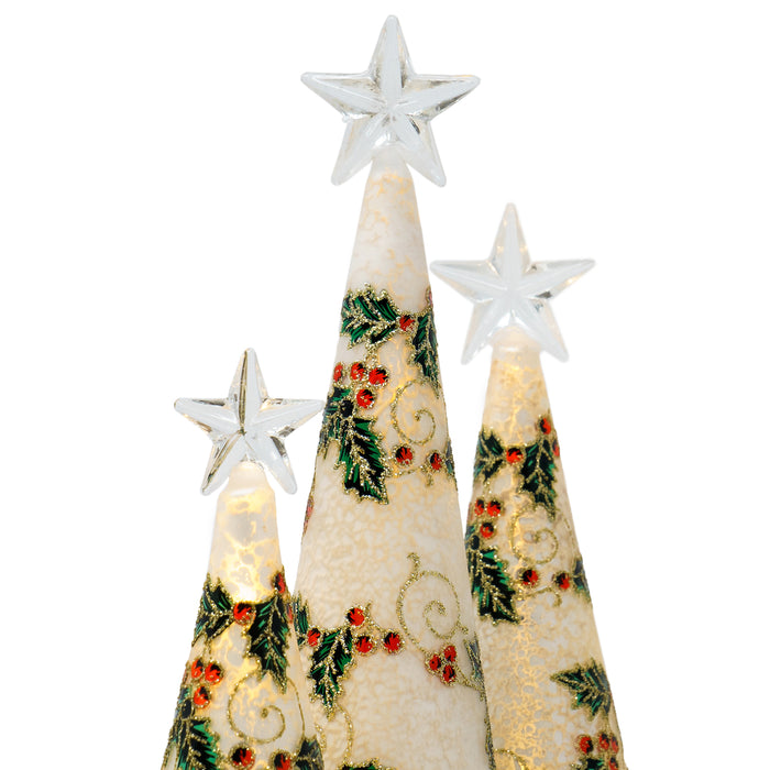 Red Co. Glass Christmas Tree Figurine Ornaments with LED Lights, Light-Up Holiday Season Décor  Holly Berry in Silver  Set of 3 Sizes, 11 Inch, 9.5 Inch and 8 Inch